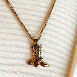 Vintage Avon Gold Tone Cowboy Cowgirl Western Boot Pendant Necklace with Chain